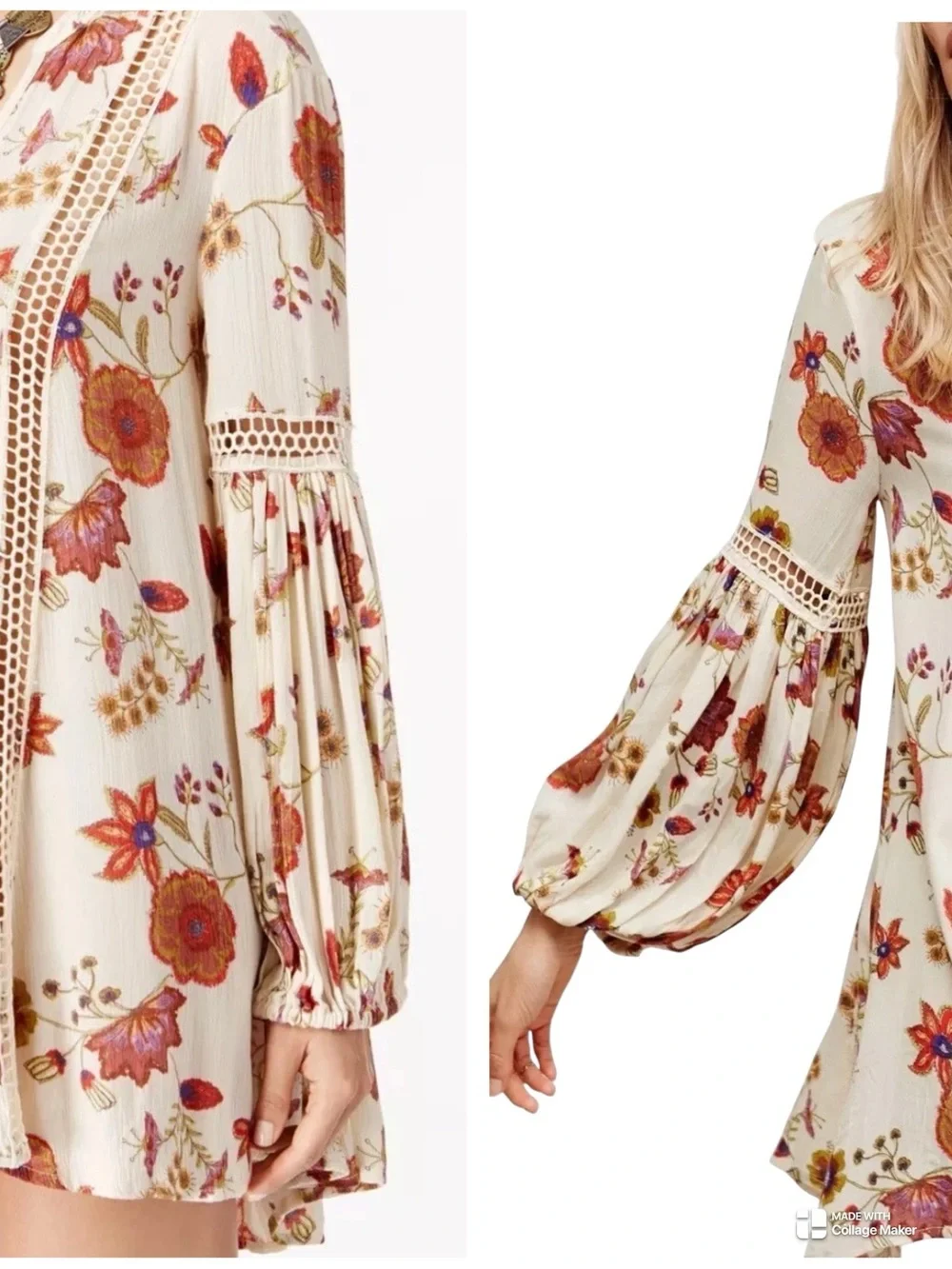 Free People Just the Two of Us Floral Crochet Tunic Dress Large